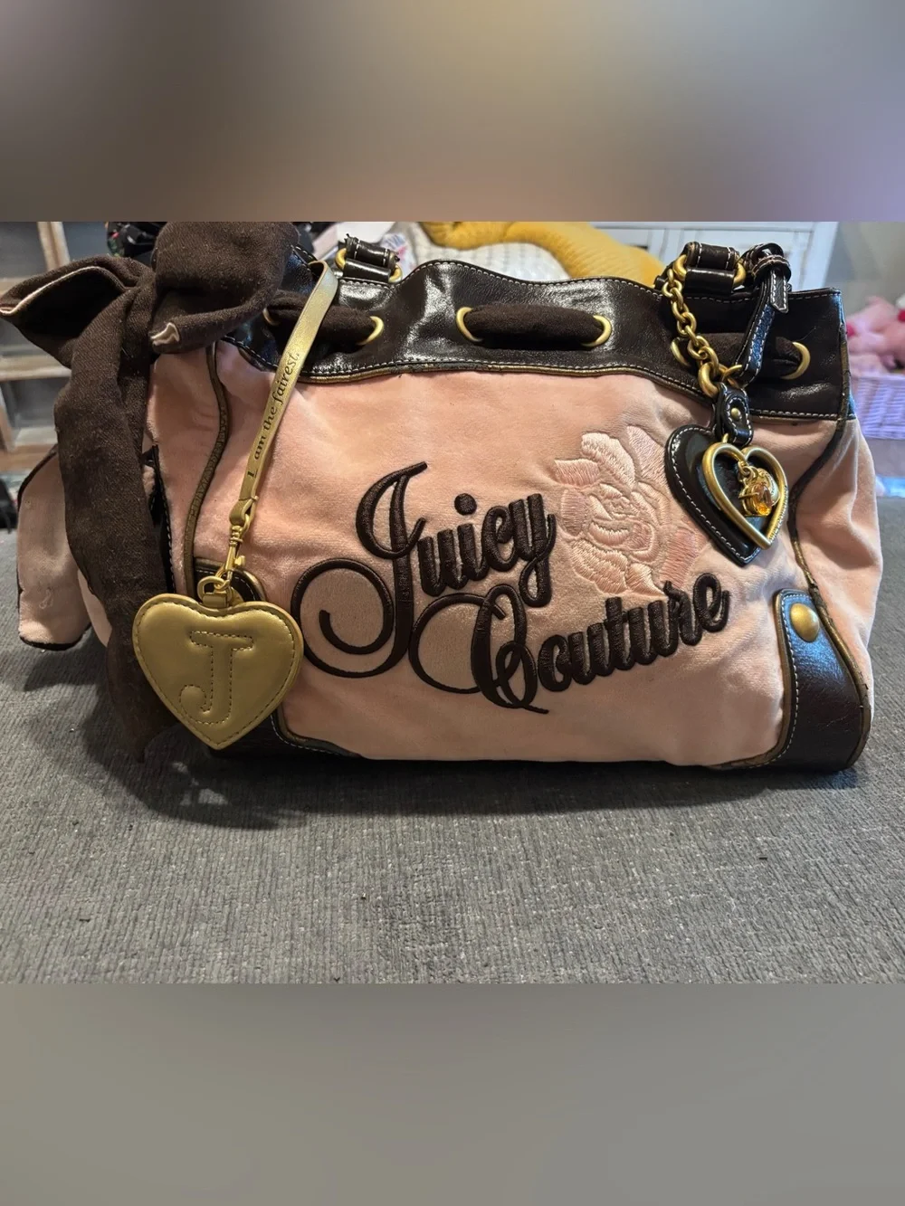 💕Rare Vintage Y2K Juicy Couture Pink Velour Brown Tote Purse Heart Charms 💕